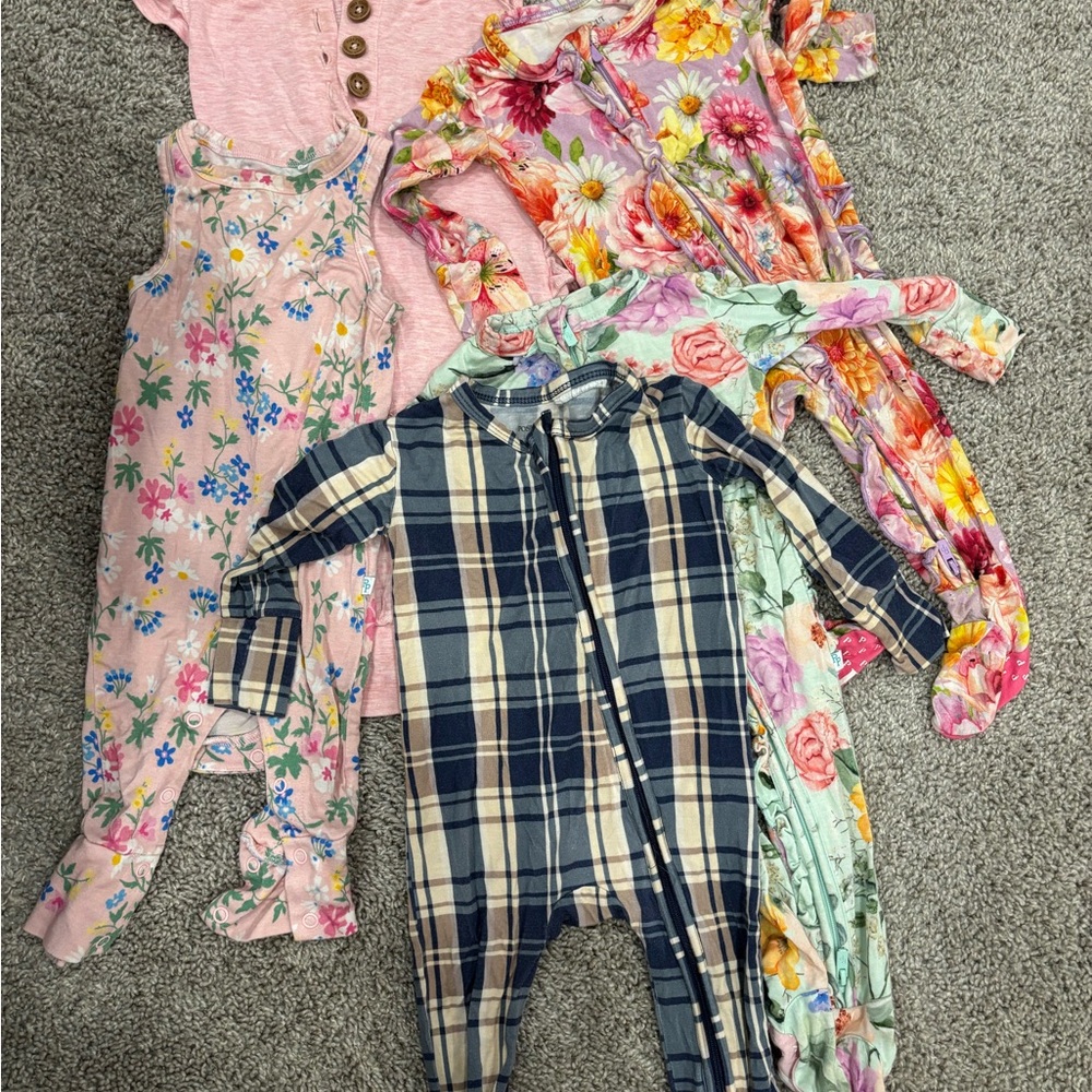 Posh peanut bundle Floral and Plaid Baby Onesies Set